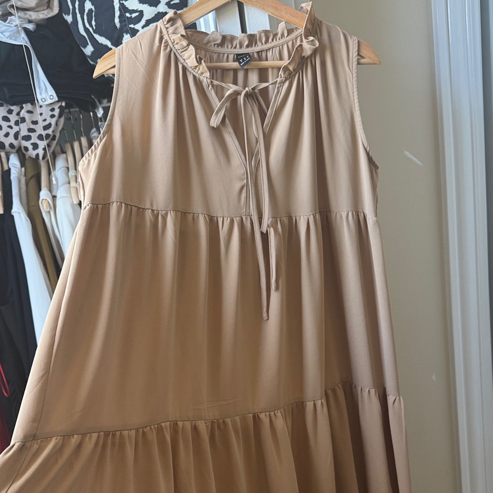 SHEIN Tiered Ruffle-Neck Midi Dress - Tan